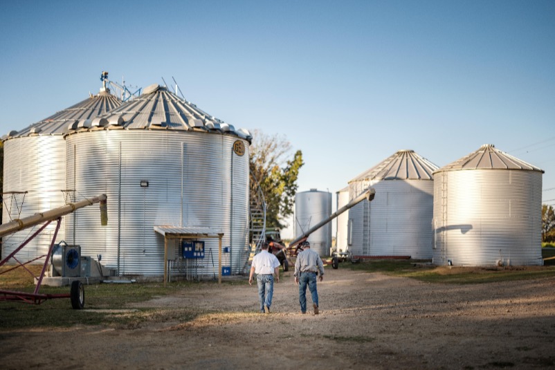 Two people walking on farm